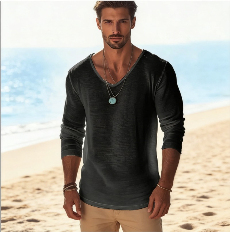 Linen Shirt Breathable - Men's Casual V-Neck Linen Blend Long