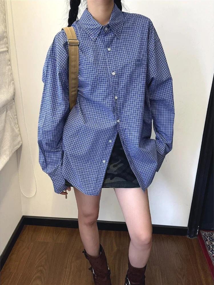 Shirt Camp Collar - Vintage Blue Plaid Shirts for Women