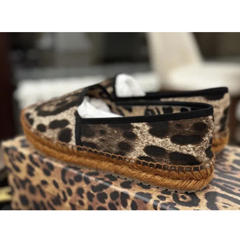 Espadrille Slip On - Leopard Pattern Woven Sole Flat Shoes