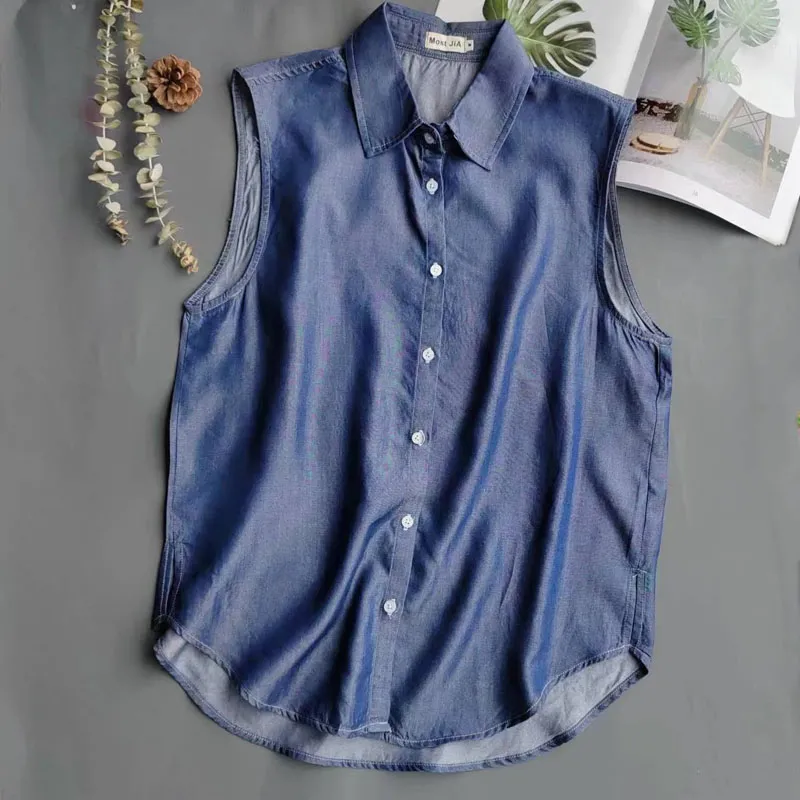 Women's Blue Sleeveless Denim  - Shirt Camp Collar recension och pris