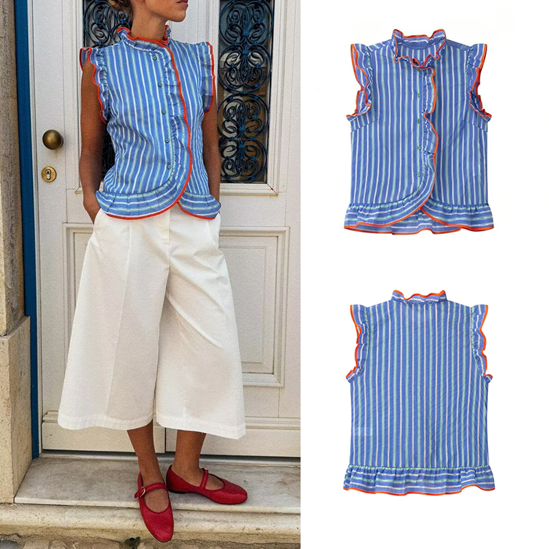 Women's blue vertical striped  - Shirt Camp Collar recension och pris